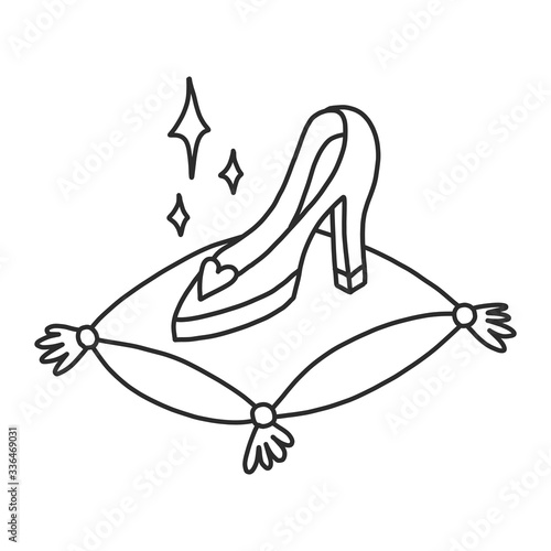Coloring book for adults and children with a graceful slipper. Shoes from a fairy tale about Cinderella. The magical story of becoming a princess. A series of coloring books about the kingdom.