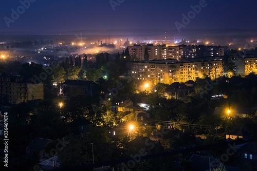 Panoramic view on Svetlovodsk city at night, Kirovohrad region, Ukraine. Top view, drone view on Taburische region in Svitlovodsk. Soft selective focus.