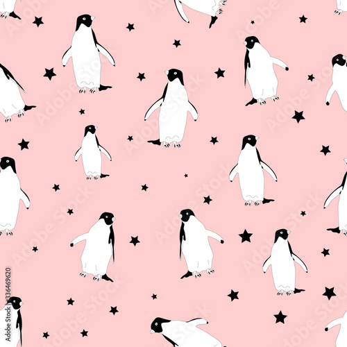 Vector seamless pattern with hand drawn pairs of cute penguins. Ink drawing, funny illustration, beautiful animal design elements. Perfect for prints and patterns