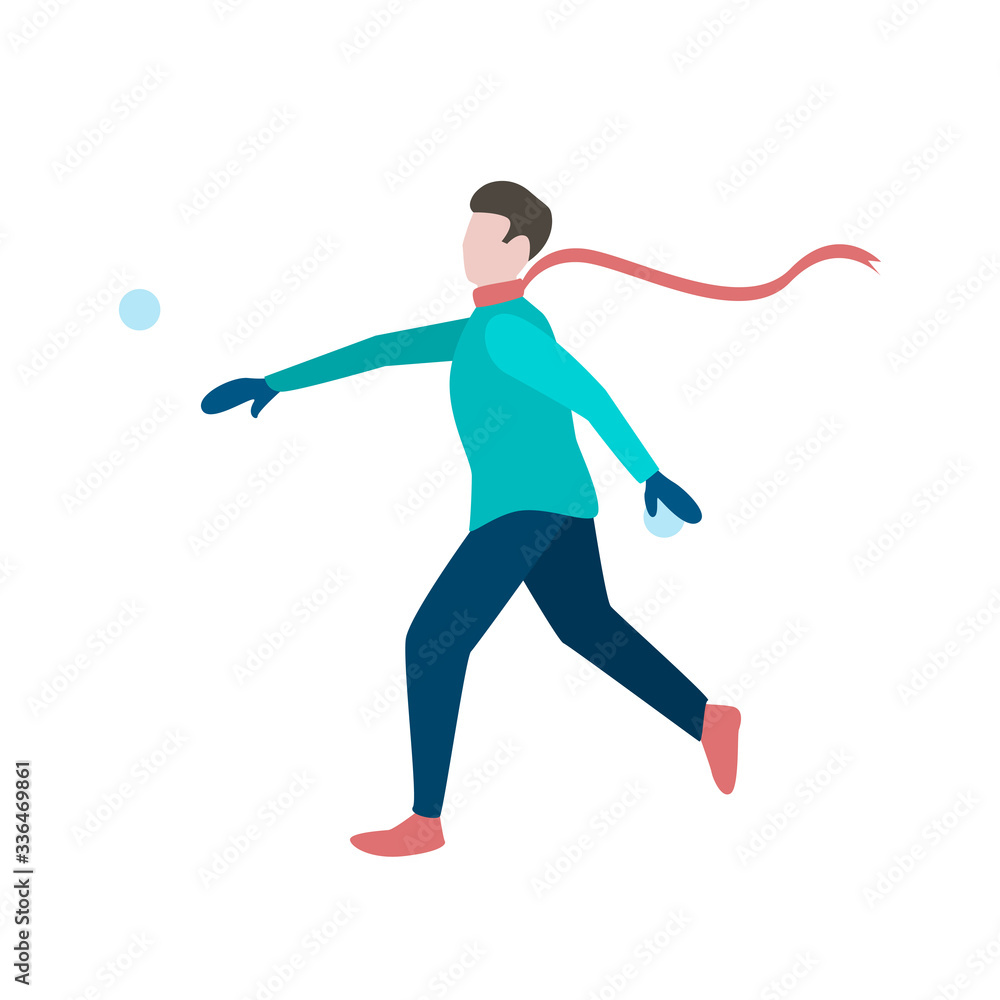 Young man frowning snowballs flat icon. Winter vacation, leisure, snow fighting. Winter activity concept. can be used for topics like winter, season, holiday Young man frowning snowballs flat icon. Winter vacation, leisure, snow fighting. Winter activity concept. can be used for topics like winter, season, holiday