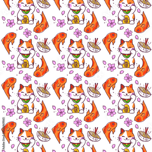 Japanese lucky cat illustration, Hand drawn vector asian seamless