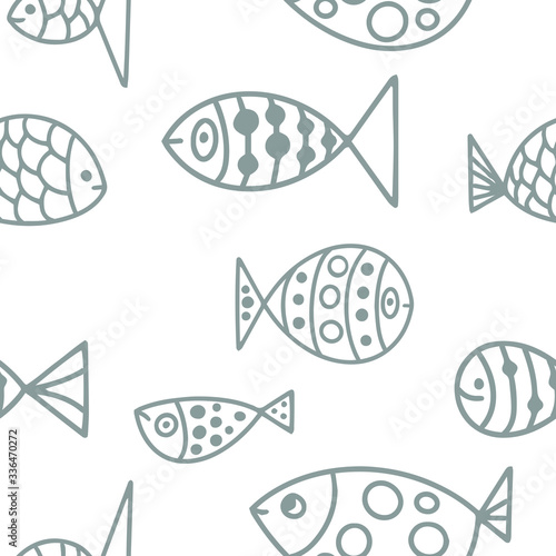 Seamless pattern with different fishes. Simple flat style vector illustration. For example, this seamless pattern can be used for wallpapers or coloring books etc. Black and white illustration.