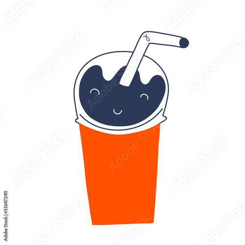 Cola drink in paper cup with lid and straw. Vector doodle art, disposable glass for sweet soda drink. takeout fast food, fizzy lemonade, modern cartoon drawing