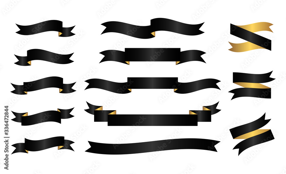 Set of black and gold vector ribbons. Design element for greeting cards, invitation.