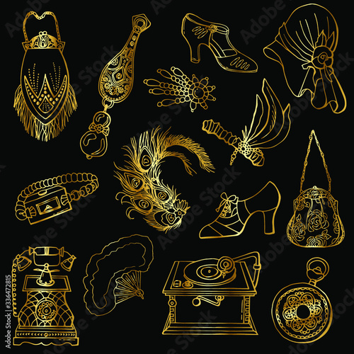 Large set of 1920s Art Deco accessories. Line art. Stock Illustration. Gold elements on black background.