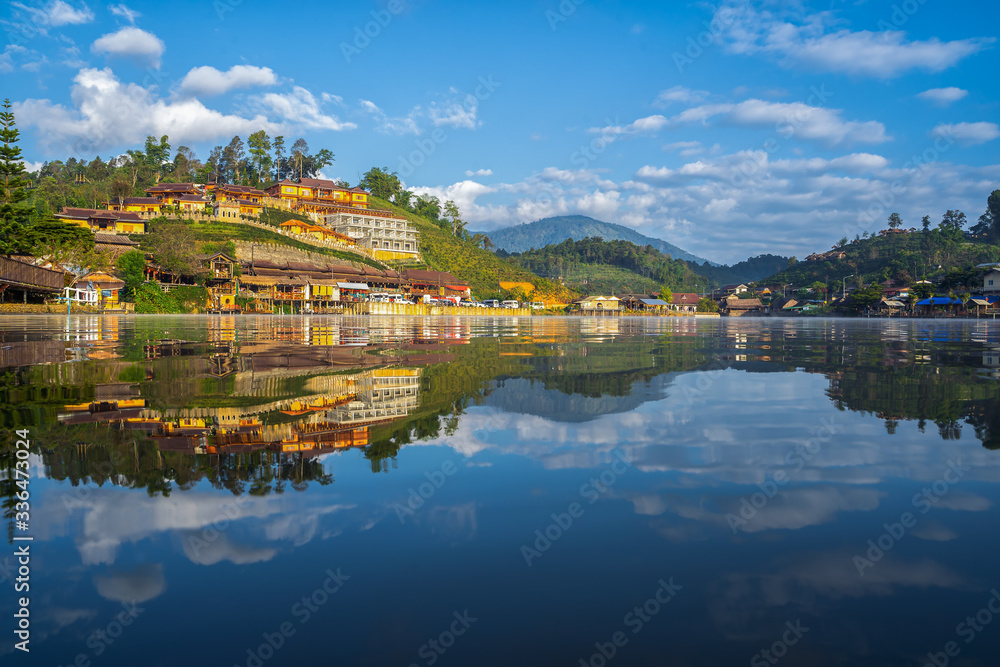 Mirror Lake of Ban Rak Thai, or Mae Aw, a Chinese Yunnan village on lakeside in Pai district, Mae Hong Son, Thailand