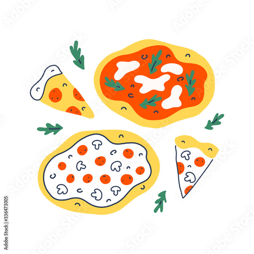 Pizza collection, various pizza slices, pepperoni and margherita, fast food illustration for pizzeria delivery service, isolated vector hand drawn illustration, colorful doodle drawing