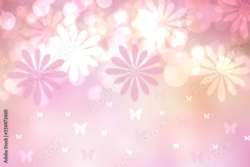 Abstract blurred vivid summer light delicate bright pink yellow bokeh background texture with bright soft color flowers and butterflies. Hello spring card concept. Beautiful backdrop illustration.