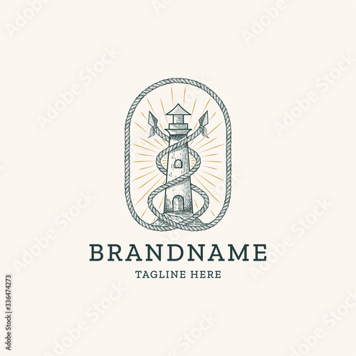 Lighthouse with rope logo design template. Hand drawing, engraving, vintage, retro vector