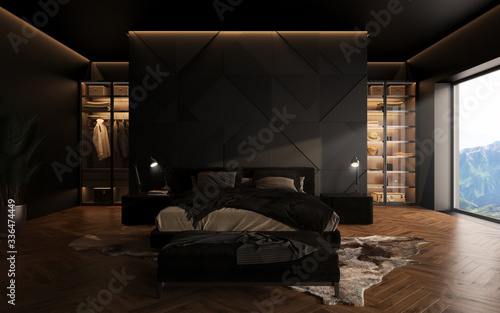 luxury studio apartment with a free layout in a loft style in dark colors. Stylish modern bedroom area with wardrobe, cozy room with soft animal rug carpet. 3d render