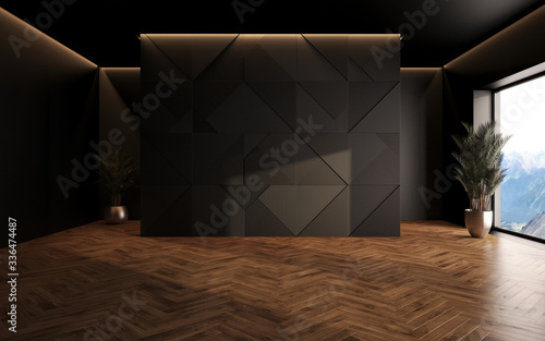 luxury studio apartment with a free layout in a loft style in dark colors. Stylish modern room area with wooden floor parquet and 3d panel wall. 3d render