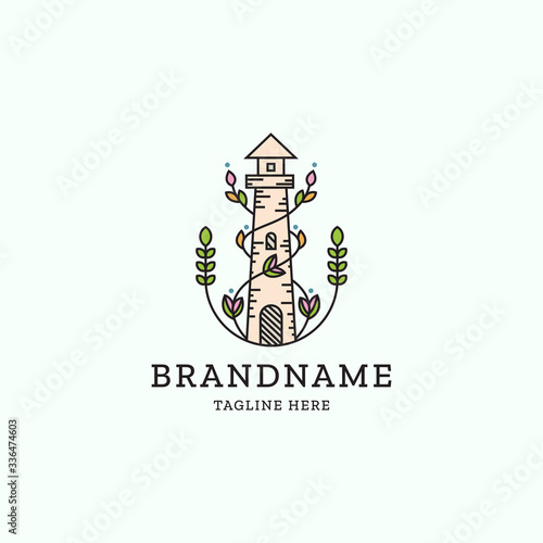 Lighthouse with spread flower logo icon design template. Floral, bloom, leaf, nature vector