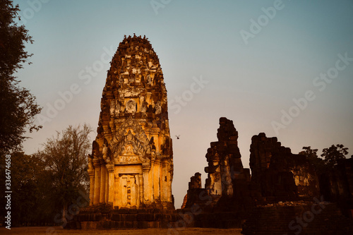 Panoramic view of Wat Si Sawai temples in Sukhothai  the ancient city with buddhist heritage in the north east in Thailand. Travel and holidays concept around the world. South east Asia.