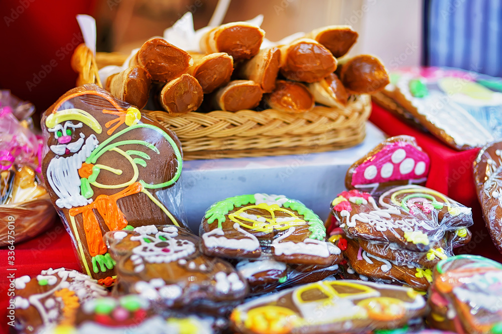 Gingerbreads displayed for sale at Christmas market in Riga Gingerbreads displayed for sale at Christmas market in Riga