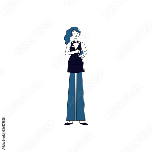 Cheerful waitress. Isolated on white background. Flat style vector illustration.