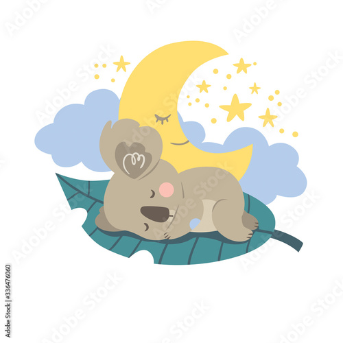 Vector koala sleeps on a leaf with clouds and moon. Excellent for the design of postcards, posters, stickers and so on.