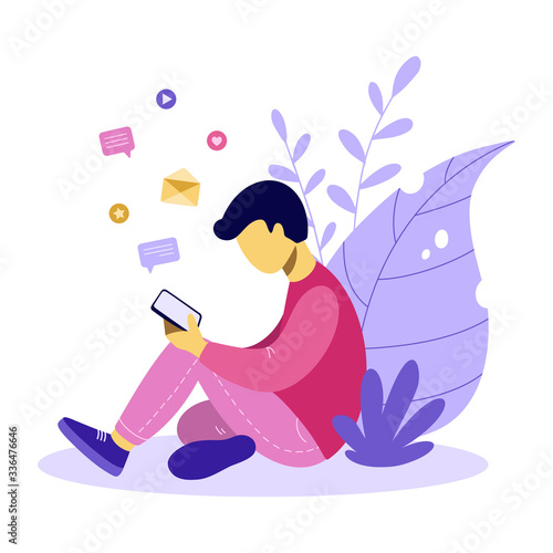 Man sitting on the ground and looking at phone screen, chatting on social network. Character sending messages via smartphone. Mobile connection and digital communication. Flat vector illustration
