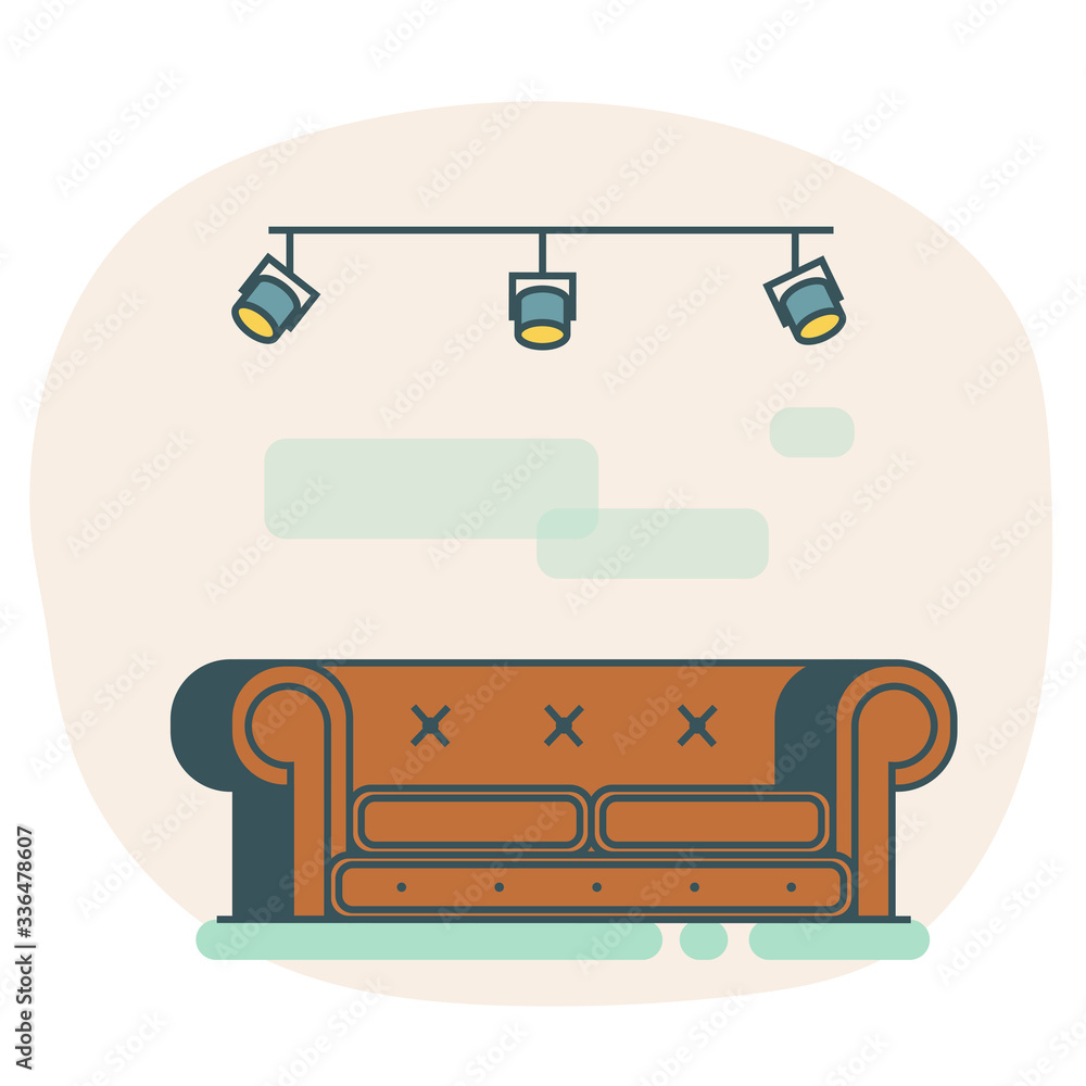 Flat sofa isolated icon. Icon leather loft sofa with metal lamps on the ceiling. Flat vector brown sofa icon. Vector illustration for a furniture store, website, article, postcard, cover, catalog. Flat sofa isolated icon. Icon leather loft sofa with metal lamps on the ceiling. Flat vector brown sofa icon. Vector illustration for a furniture store, website, article, postcard, cover, catalog.