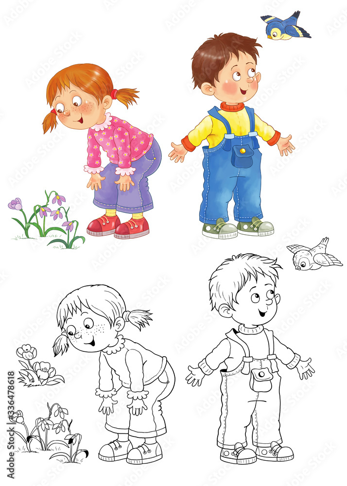 Four seasons. Cute boy and girl are playing outdoors. Coloring page. Coloring book. Illustration for children. Cute and funny cartoon characters Four seasons. Cute boy and girl are playing outdoors. Coloring page. Coloring book. Illustration for children. Cute and funny cartoon characters