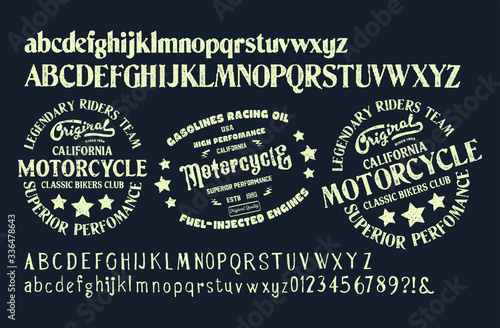 Motorcycle club community logo design.Decorative  font. Letters, Numbers and Symbols. Vector Illustration.