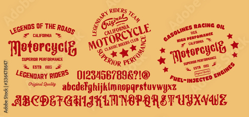 Motorcycle club community logo design.Decorative  font. Letters, Numbers and Symbols. Vector Illustration.