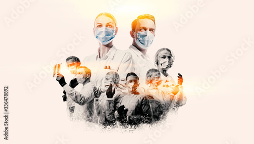 Obraz na płótnie team of doctors men and women fighting diseases and viruses w salonie