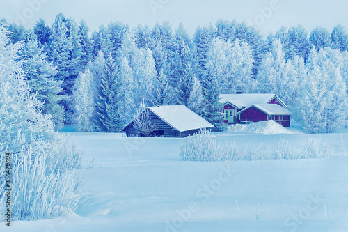 House in Snow Covered Winter Forest Christmas Finland Lapland