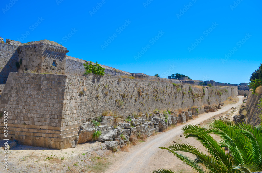 Fortress wall in the city of Rhodes, Greece.