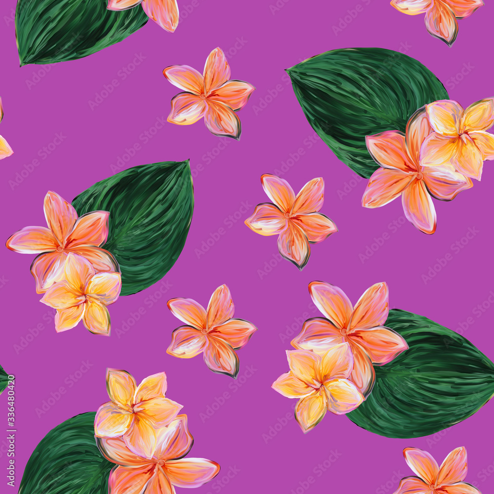 Frangipani Plumeria Tropical Flowers. Seamless pink pattern Background. Tropical floral summer seamless pattern background with plumeria flowers with leaves