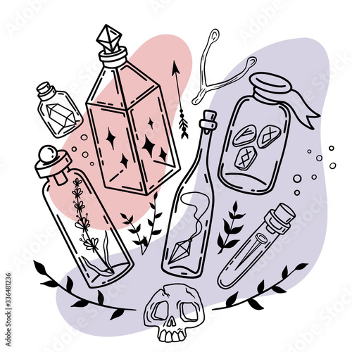 Hand drawn sketch a set of magic components with different potion ingredients in different glass bottles and jars