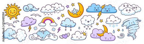 Set of cute weather forecast characters with funny faces. Clouds, sun, rainbow, tornado, rain and wind. Vector illustrations. photo