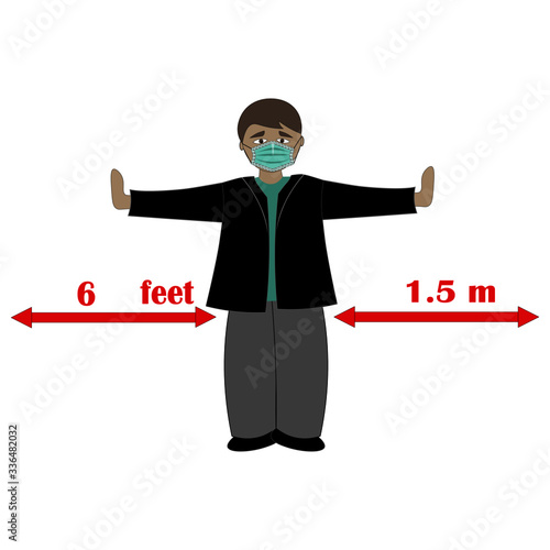 Person wearing a medical mask on his face is demonstrating the obligatory social distance during a pandemic.