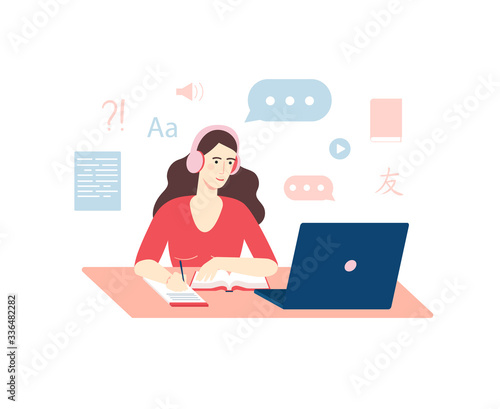 Language courses, distance education, training and courses, design concept. Female student learns a new language online with blue laptop at home. Vector flat cartoon illustration