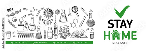 Stay home stay safe doodle illustration. Quarantine. Pandemic coronavirus. Coronavirus, dna, blood test. Laboratory research vector hand drawn icons set.