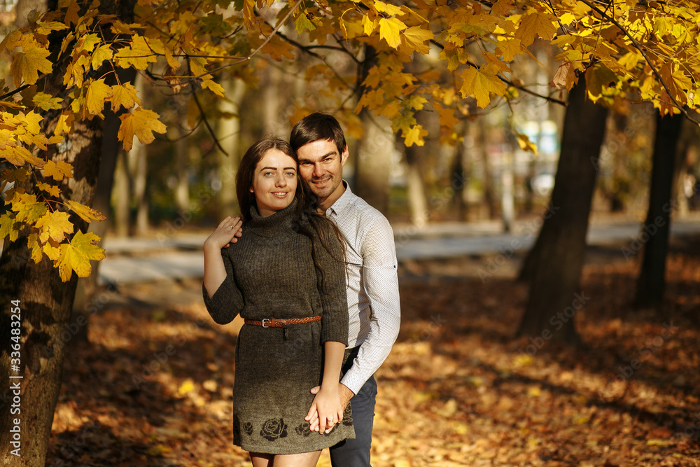 guy with a girl cuddling against a background of yellow foliage. Autumn in the park. sunny day guy with a girl cuddling against a background of yellow foliage. Autumn in the park. sunny day