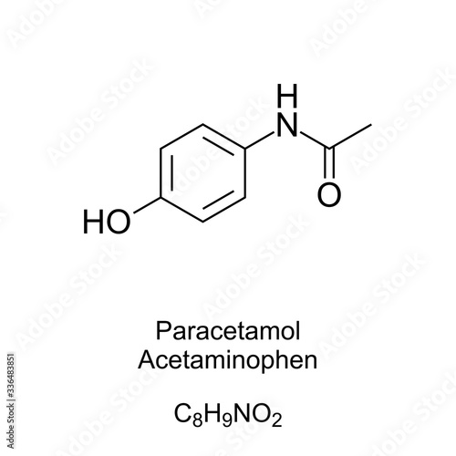 Paracetamol, formula and molecular structure. Known as acetaminophen and APAP. Medication used to treat pain and fever. One of the essential medicines in a health system. English. Illustration. Vector