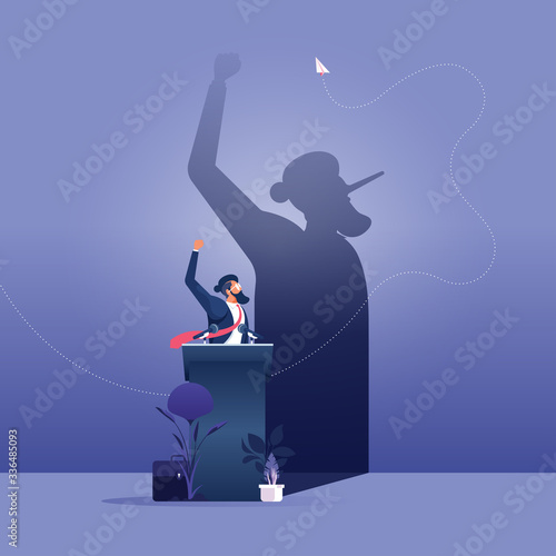 The Liar Concept, businessman with long nose shadow