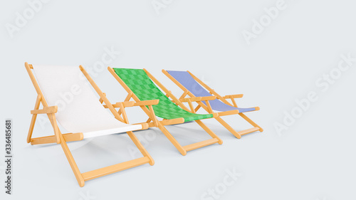 Fotografie, Tablou 3D image front side view of three sunbeds with white green and blue fabrics stay