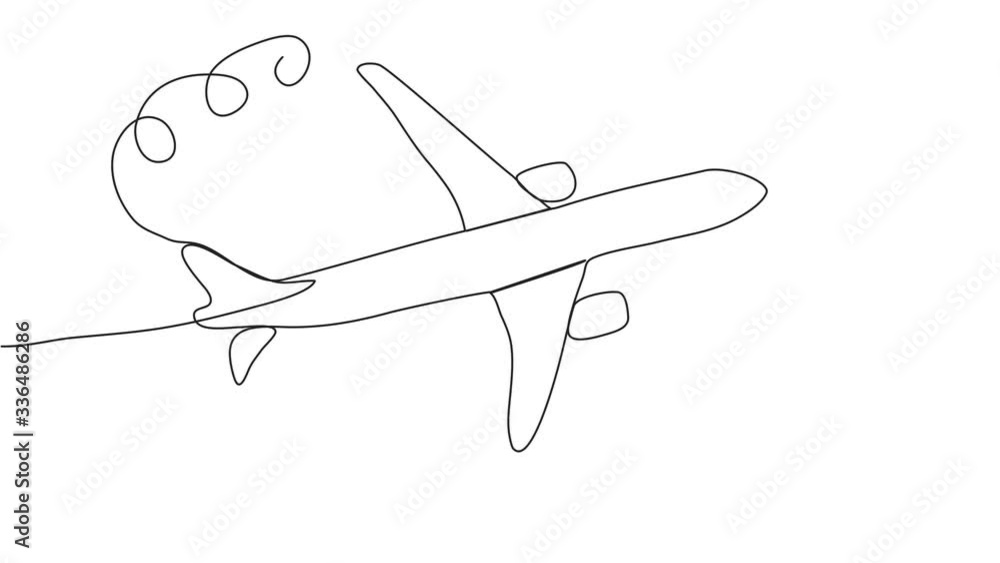 Simple animation of continuous line drawing. The plane flies from left ...