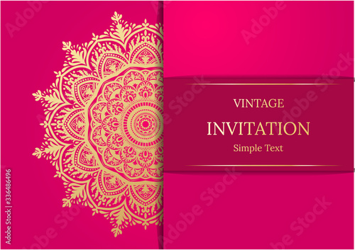 Elegant Save The Date card design. Vintage floral invitation card template. Luxury swirl mandala greeting card  gold  pink