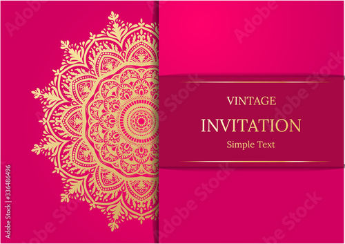 Elegant Save The Date card design. Vintage floral invitation card template. Luxury swirl mandala greeting card, gold, pink