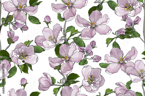 Seamless floral pattern with branches, flowers cherry,  blooming tree twigs sakura or apple blossom and green leaves on white background. Hand drawn. Watercolor style.  