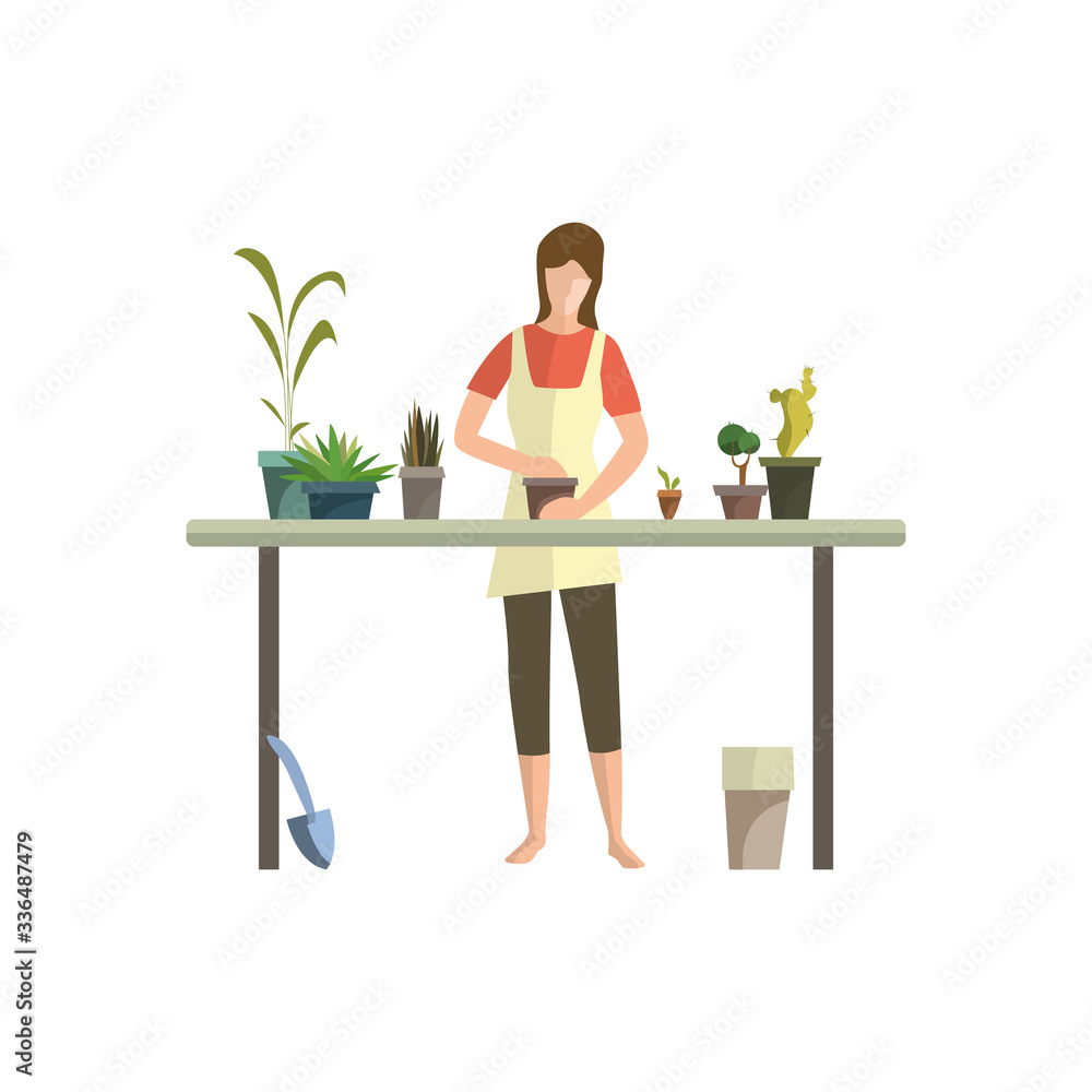 Young woman busy with houseplants flat icon. Flower shop, floriculture, greenhouse. Leisure concept. illustration can be used for topics like hobby, houseplants, gardening