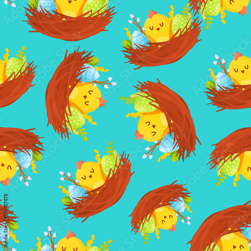 Colorful nests with chickens seamless pattern.