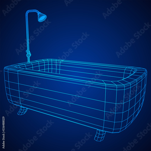 Bath tub with legs and shower. Sanitary concept. Wireframe low poly mesh vector illustration.