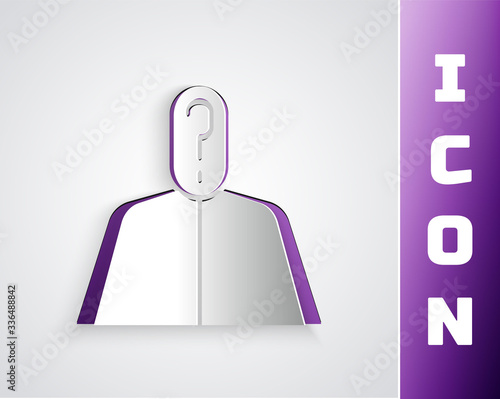 Paper cut Anonymous man with question mark icon isolated on grey background. Unknown user, incognito profile, business secrecy, obscurity. Paper art style. Vector Illustration