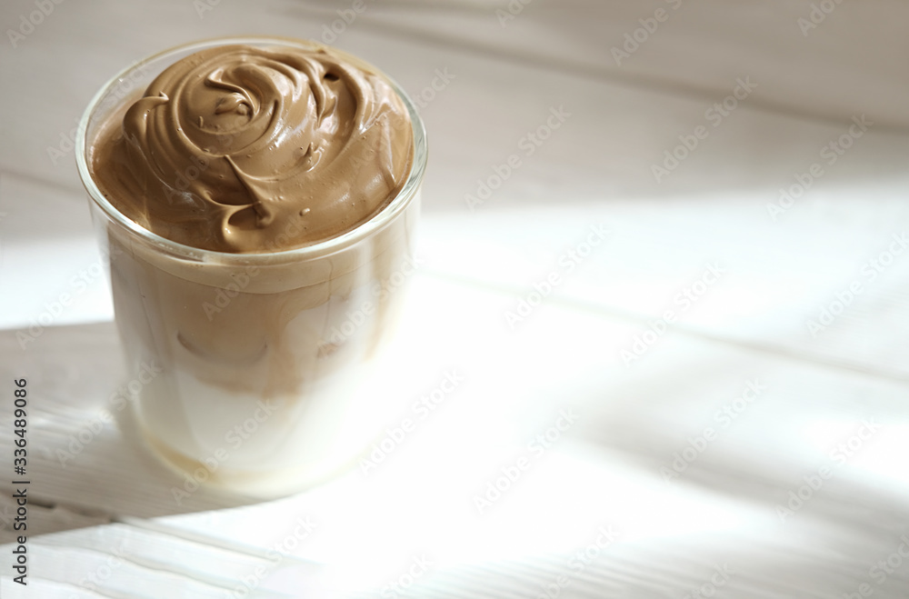 Iced frothy Dalgona Coffee, a trendy fluffy creamy whipped coffee