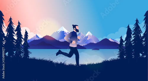 Exercising outside - Man with beard running by the lake with mountains and sunlight in background. Early morning, training, jogging and healthy concept. Vector illustration.