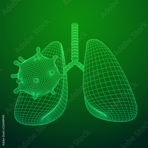 Corona Virus and Lungs with trachea bronchi internal organ human. Covid virus pulmonology medicine science concept. Wireframe low poly mesh vector illustration.