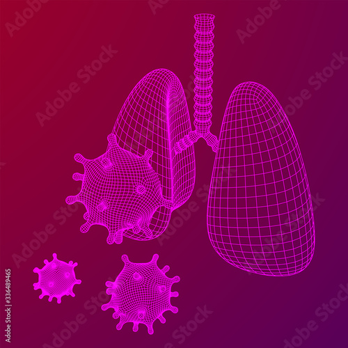 Corona Virus and Lungs with trachea bronchi internal organ human. Covid virus pulmonology medicine science concept. Wireframe low poly mesh vector illustration.